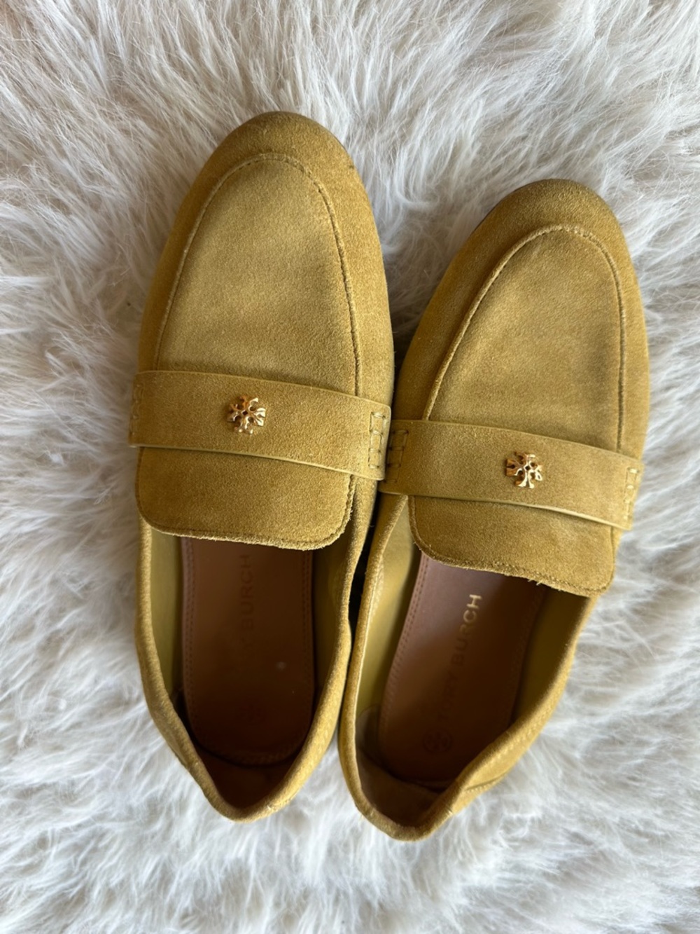 Tory Burch Mustard Yellow Suede Penny Loafers with Gold Emblem Ballet shoes 7.5 - Picture 2 of 16